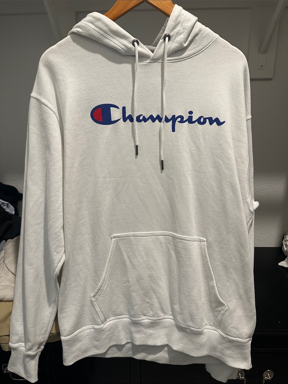 Champion White Hoodie with Blue & Red Script Logo